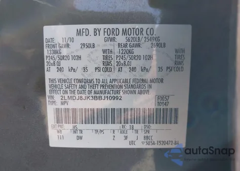 2011 Lincoln Mkx из США, поврежденный, VIN 2LMDJ8JK3BBJ10992